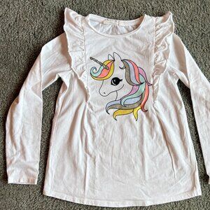 H&M Girls Unicorn Ruffle Long Sleeve Top 8/10 White Graphic Tee